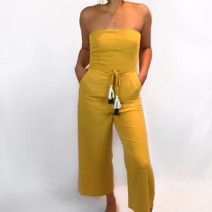 Mustard Strapless Jumpsuit with Tassel Belt